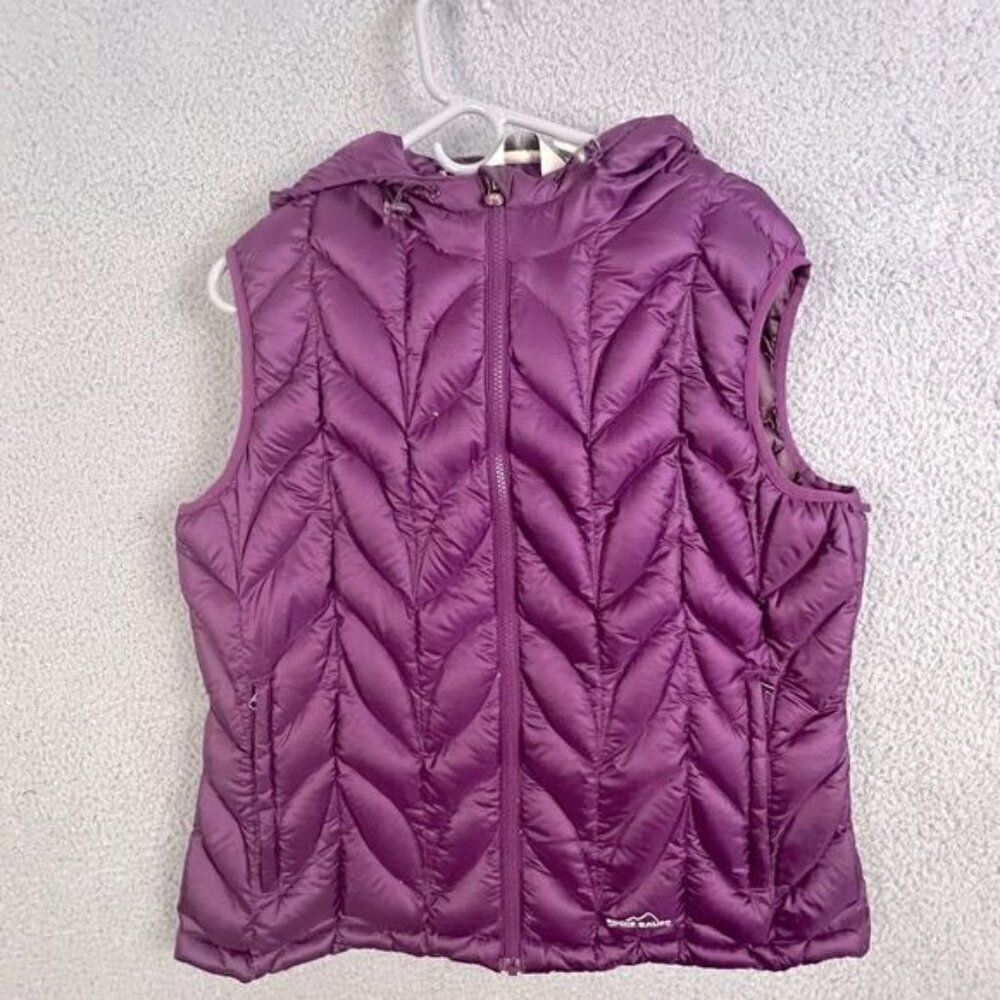 EDDIE BAUER WOMENS GOOSE DOWN HOODED VEST PURPLE SIZE XL - Picture 2 of 11